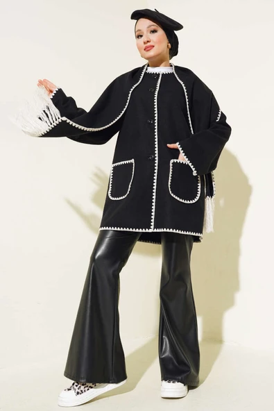 Midye Dikişli Atkılı Ceket Siyah - 2