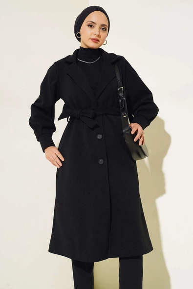 Kruvaze Yaka Kuşaklı Astarlı Kaşe Kaban Siyah - Resim 2