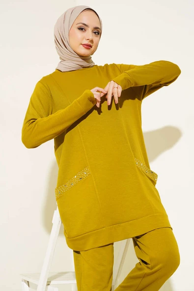 Cebi Taş Süslemeli İkili Takım Yağ Yeşili - Resim 2