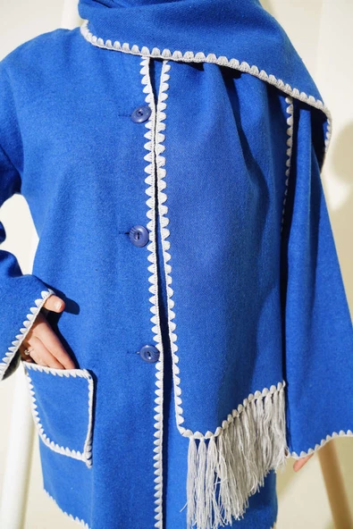 Midye Dikişli Atkılı Ceket Saks - Resim 4