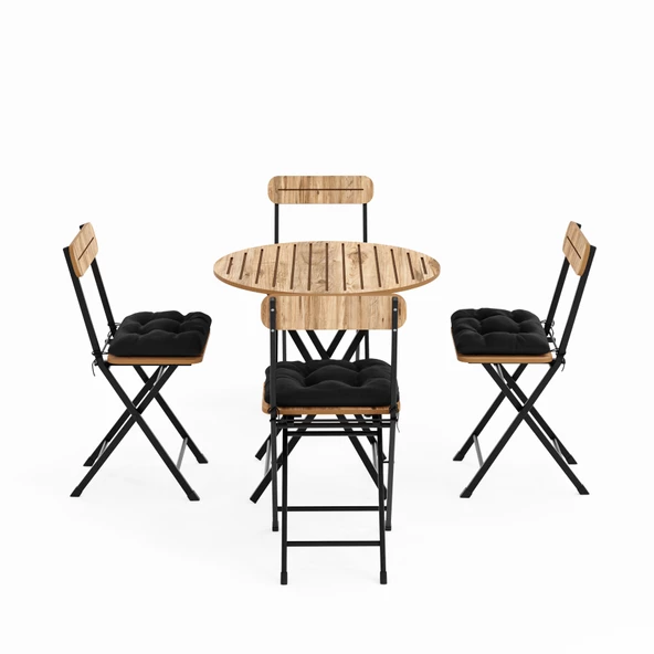 Eportatif 4 Kişilik Minderli Yuvarlak Bistro Takım Bahçe Mutfak Masa Sandalye Çam 1503 - 5