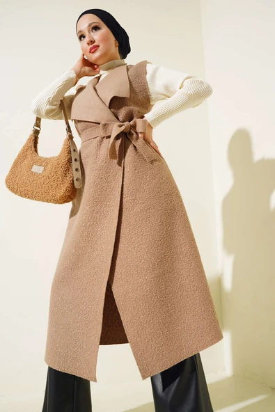 Kruvaze Yaka Uzun Buklet Yelek Vizon ürün görseli