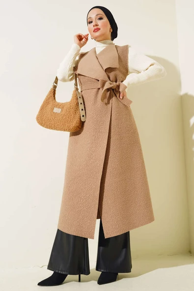 Kruvaze Yaka Uzun Buklet Yelek Vizon - Resim 2