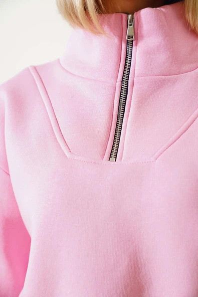 Yarım Fermuarlı Şardonlu Kısa Sweatshirt Pembe - Resim 4