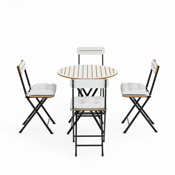 Eportatif 4 Kişilik Minderli Yuvarlak Bistro Takım Bahçe Mutfak Masa Sandalye Beyaz 1504 - 5