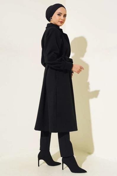 Kruvaze Yaka Kuşaklı Astarlı Kaşe Kaban Siyah - Resim 3