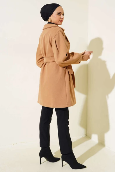 Kol Pensli Kuşaklı Kaşe Kaban Camel - 3