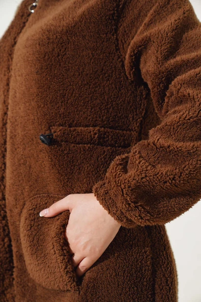 Bel Tünelli Lastikli Peluş Hırka Kestane - Resim 4