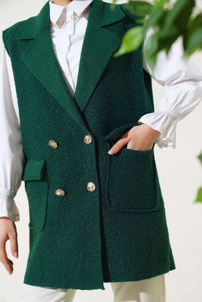 Düğmeli Cepli Buklet Yelek Zümrüt - Resim 4