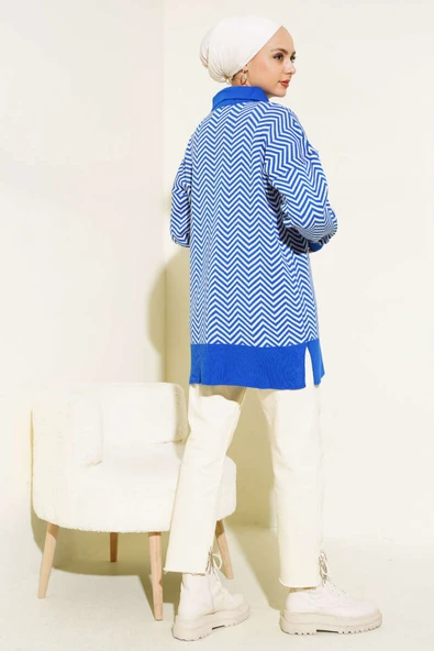 Fermuarlı Zikzak Desen Triko Tunik Saks - Resim 3