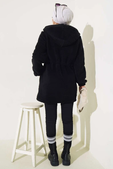 Bel Tünelli Lastikli Peluş Hırka Siyah - Resim 3