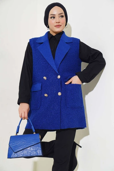 Düğmeli Cepli Buklet Yelek Saks ürün görseli