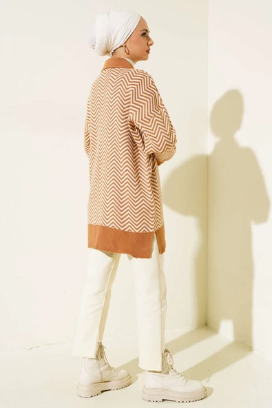 Fermuarlı Zikzak Desen Triko Tunik Latte - Resim 3