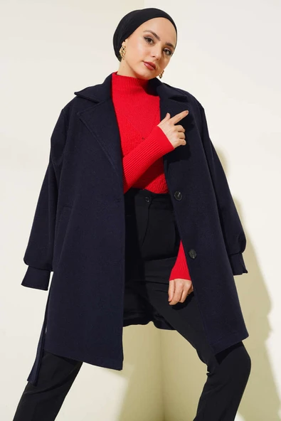 Kol Pensli Kuşaklı Kaşe Kaban Lacivert ürün görseli 1