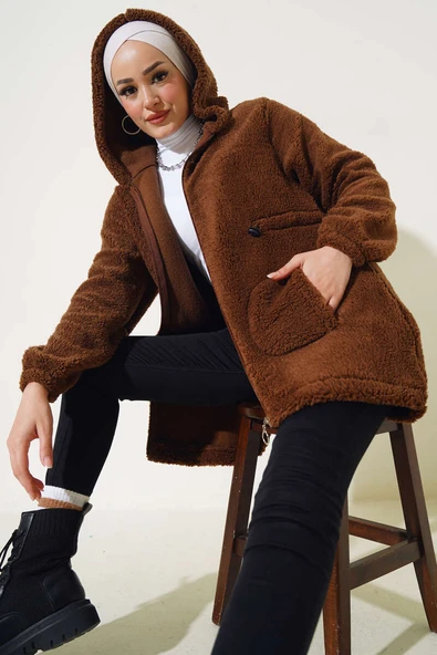 Bel Tünelli Lastikli Peluş Hırka Kestane ürün görseli 1