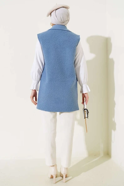 Düğmeli Cepli Buklet Yelek Mavi - Resim 3
