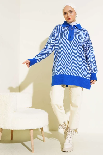 Fermuarlı Zikzak Desen Triko Tunik Saks - 2
