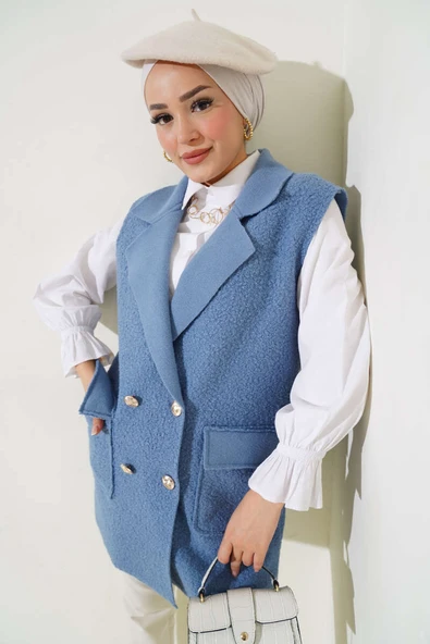 Düğmeli Cepli Buklet Yelek Mavi ürün görseli