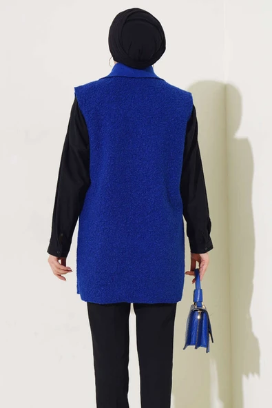 Düğmeli Cepli Buklet Yelek Saks - Resim 3