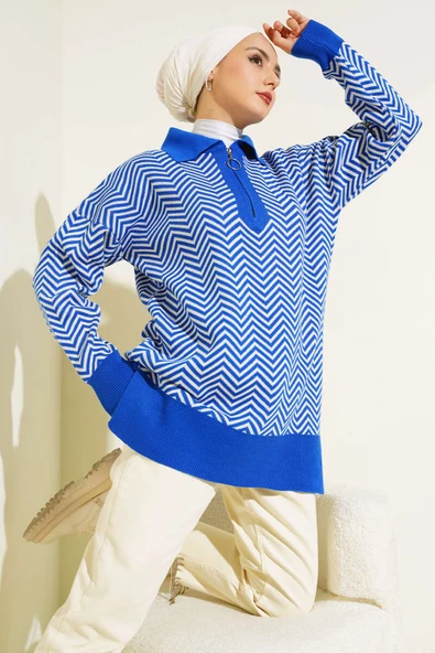 Fermuarlı Zikzak Desen Triko Tunik Saks ürün görseli 1
