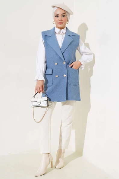 Düğmeli Cepli Buklet Yelek Mavi - Resim 2