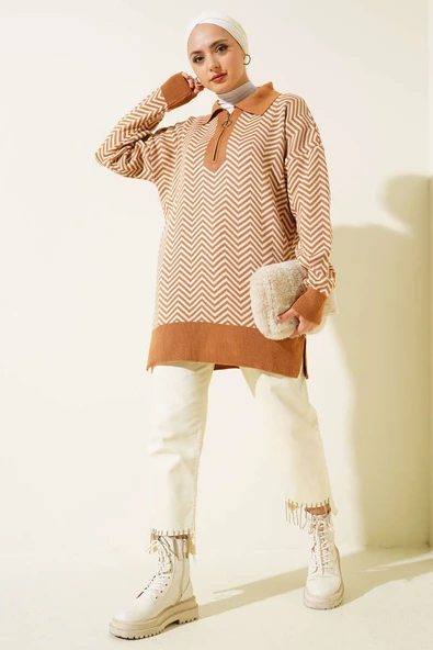 Fermuarlı Zikzak Desen Triko Tunik Latte - Resim 2