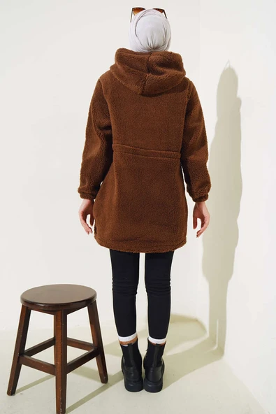 Bel Tünelli Lastikli Peluş Hırka Kestane - Resim 3