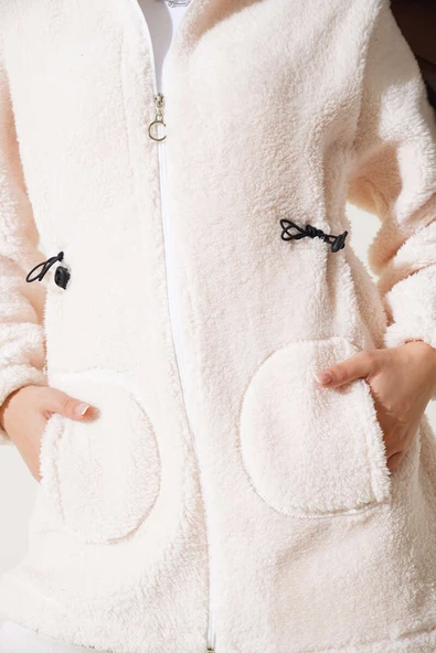 Bel Tünelli Lastikli Peluş Hırka Ekru - Resim 4