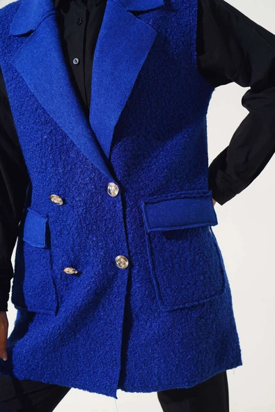 Düğmeli Cepli Buklet Yelek Saks - Resim 4