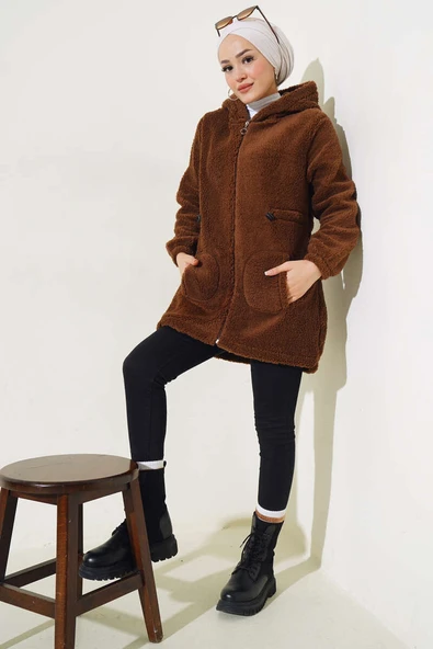 Bel Tünelli Lastikli Peluş Hırka Kestane - 2