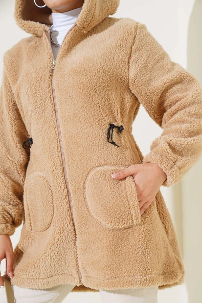 Bel Tünelli Lastikli Peluş Hırka Camel - 4