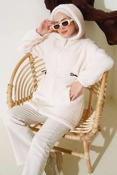 Bel Tünelli Lastikli Peluş Hırka Ekru ürün görseli