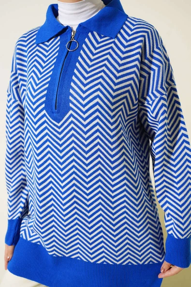 Fermuarlı Zikzak Desen Triko Tunik Saks - Resim 4