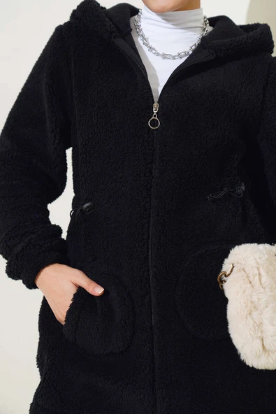 Bel Tünelli Lastikli Peluş Hırka Siyah - Resim 4