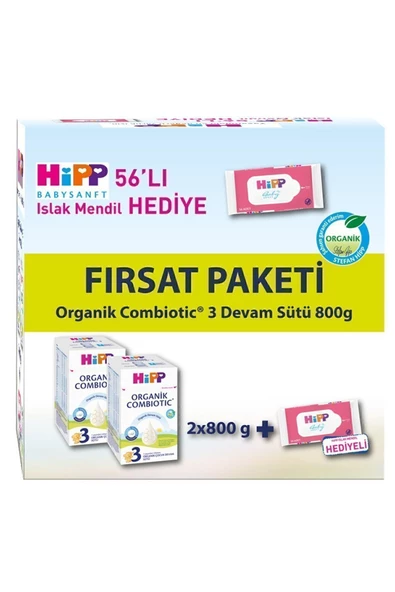 Hipp 3 Organik Bebek Sütü Combiotic 800 gr x 2 Adet Avantaj Paketi (Islak Mendil Hediyeli)