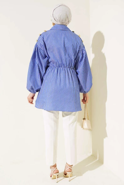 Çizgili Balon Kol Bel Lastikli Tunik Saks - Resim 3