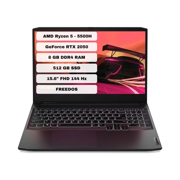 Ideapad Gaming 3 AMD Ryzen 5 5500H 8GB 512GB SSD RTX2050 Freedos 15.6" FHD Taşınabilir Bilgisayar 82K202BRTX