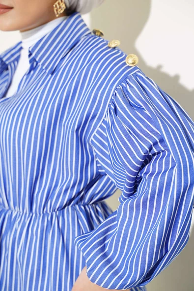 Çizgili Balon Kol Bel Lastikli Tunik Saks - Resim 4