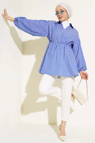 Çizgili Balon Kol Bel Lastikli Tunik Saks - Resim 2
