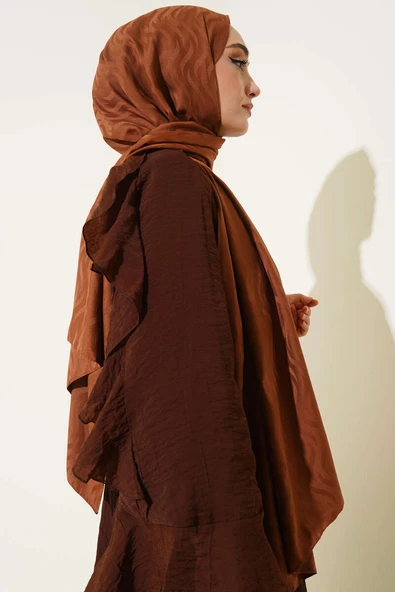 Dalga Desen İpeksi Jakar Şal Kahve - Resim 3