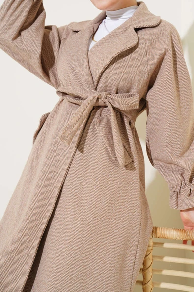 Zikzak Desen Kol İpli Kaşe Kaban Latte - 4