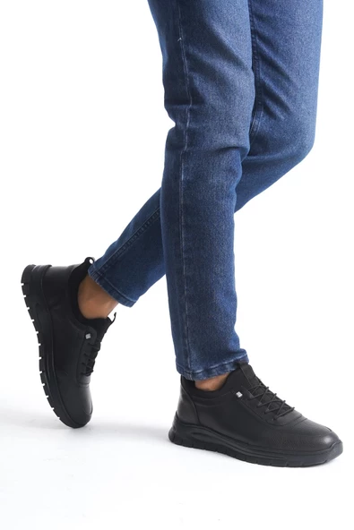 Erkek Hakiki Deri Casual Ayakkabı Scuba Kumaş Detaylı Bağcıklı Günlük Ayakkabı - Resim 3