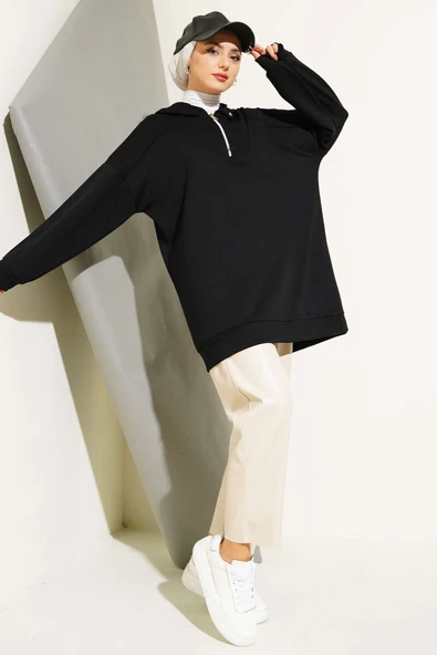 Loyşa Yakası Fermuarlı Tunik Siyah - Resim 2