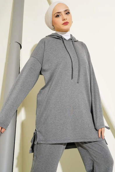 Yanı Bağlamalı Kapüşonlu İkili Takım Melanj Gri - Resim 2