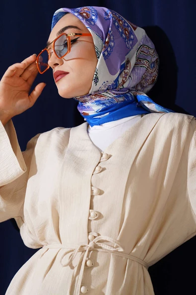 Etnik Desen Soft Pamuk Eşarp Saks - Resim 2