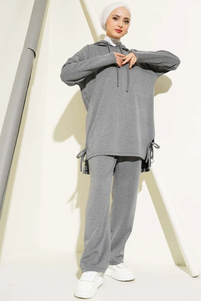 Yanı Bağlamalı Kapüşonlu İkili Takım Melanj Gri ürün görseli 1