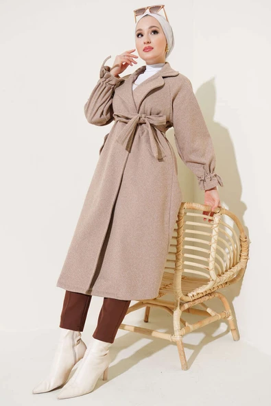 Zikzak Desen Kol İpli Kaşe Kaban Latte - 2