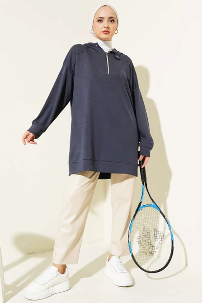 Loyşa Yakası Fermuarlı Tunik Füme - Resim 2