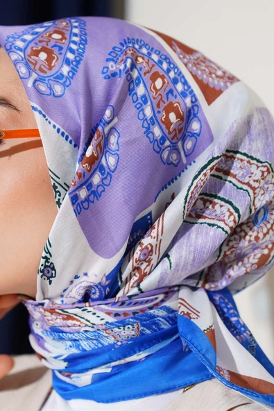 Etnik Desen Soft Pamuk Eşarp Saks - Resim 4