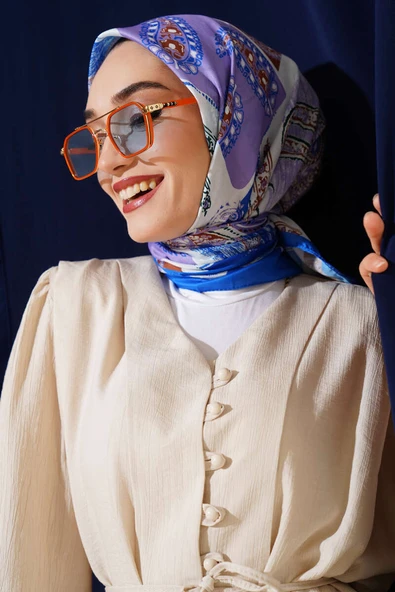 Etnik Desen Soft Pamuk Eşarp Saks ürün görseli 1